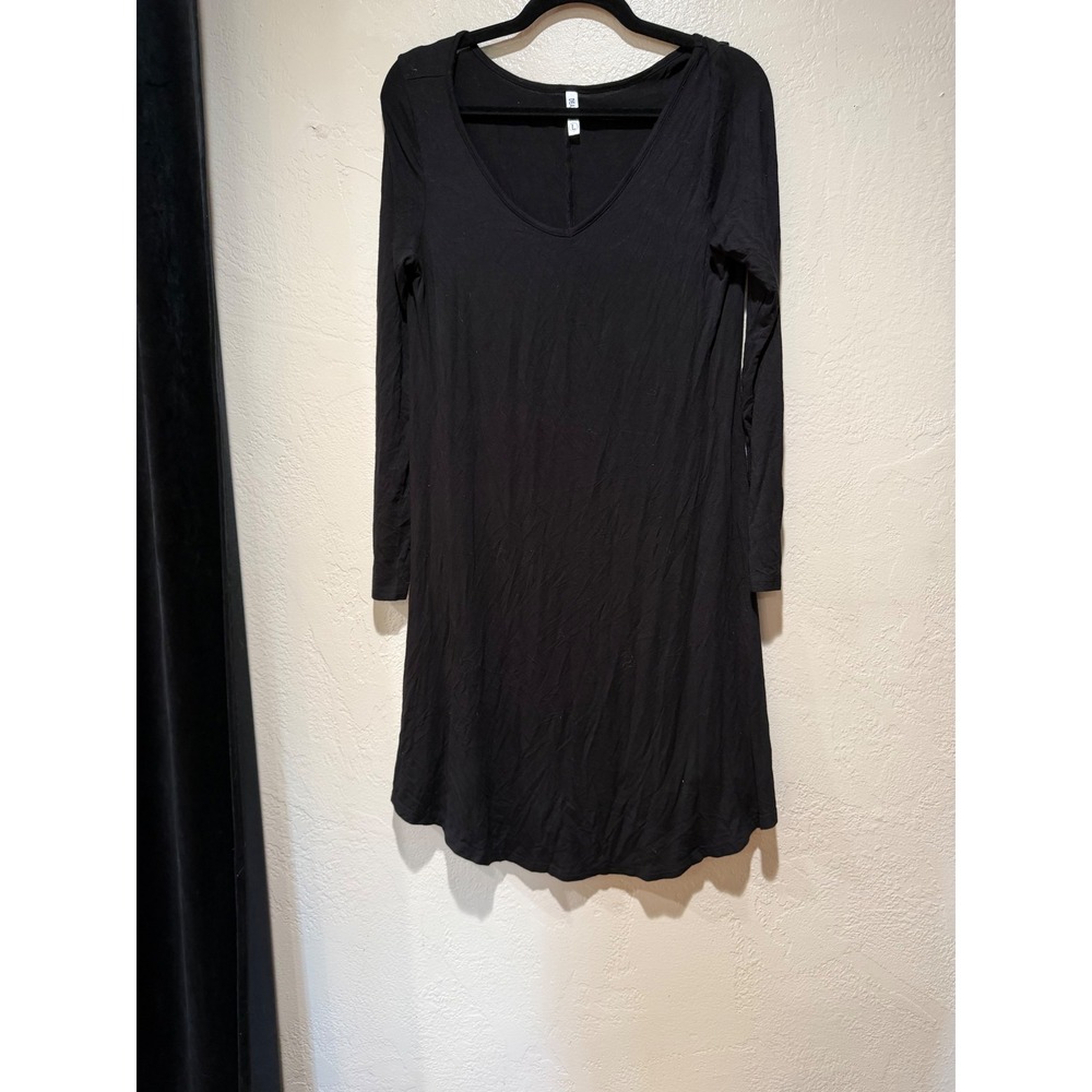 DEARCASE Womens Black V-Neck Long Sleeve Tunic Dress High Low Hem Large